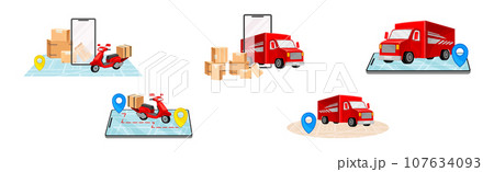 Delivery Logistics and Shipment with Cardboard Box and Transport Vector Set Delivery Logistics and Shipment with Cardboard Box and Transport Vector Set 107634093