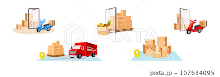 Delivery Logistics and Shipment with Cardboard Box and Transport Vector Set Delivery Logistics and Shipment with Cardboard Box and Transport Vector Set 107634095