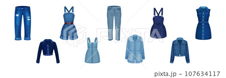 Denim Jeans Clothes and Different Garment Vector Set 107634117