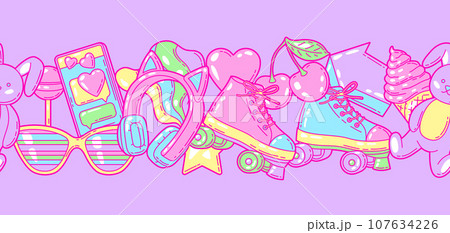 Seamless pattern with fashion girlish items. Colorful cute teenage background. 107634226