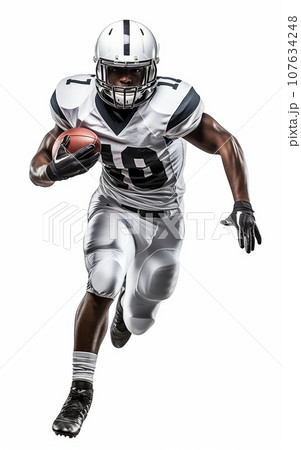 American football player in action isolated on white background 107634248