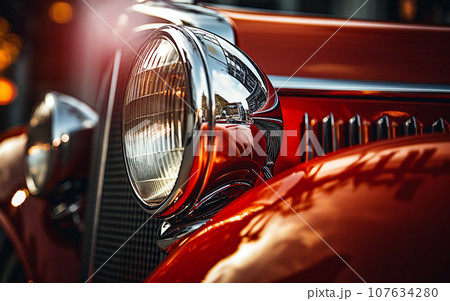 Close-up of the headlights of a red vintage car 107634280