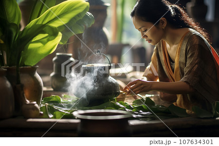 Asia woman making a Thai dessert, Putting a Dessert that covered by banana leaf to steaming pot Asia woman making a Thai dessert, Putting a Dessert that covered by banana leaf to steaming pot 107634301