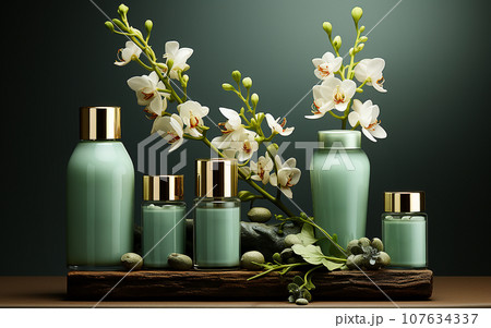 Cosmetics bottles with white orchids on wooden table Cosmetics bottles with white orchids on wooden table 107634337