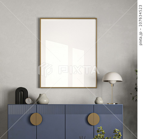 Modern gray livingroom with bright blue commode and green plants background. Light modern japanese nature view. 3d rendering mock up. High quality 3d illustration Modern gray livingroom with bright blue commode and green plants background. Light modern japanese nature view. 3d rendering mock up. High quality 3d illustration 107634523