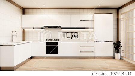 Mockup Muji kitchen room japanese style minimal interior. Mockup Muji kitchen room japanese style minimal interior. 107634534