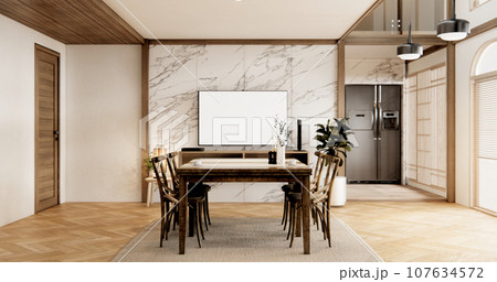 dinner room japanese style with long table and wooden chairs in room japandi. 107634572