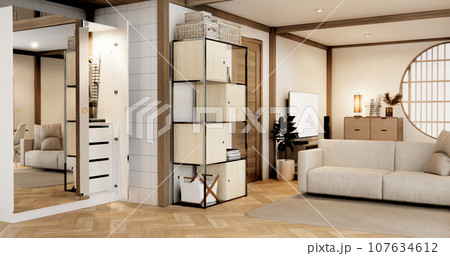 Big room interior design in modern living room with black low table ,lamp ,vase, and decor  Japanese style. 107634612