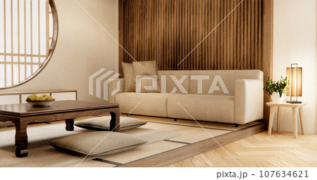 Big room interior design in modern living room with black low table ,lamp ,vase, and decor Japanese style. Big room interior design in modern living room with black low table ,lamp ,vase, and decor Japanese style. 107634621
