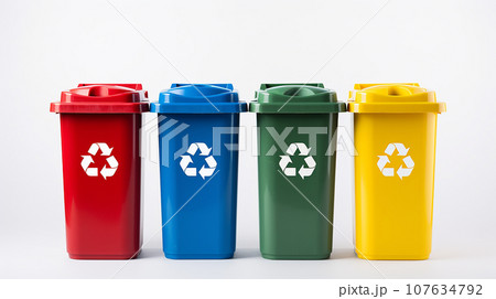 Yellow, Green, Blue and Red recycle bins with recycle symbol isolated on white background 107634792