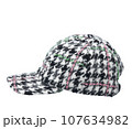 Cap-a baseball cap made of thick woolen fabric, with a visor, multi colored, isolated on a white background. Side view.  107634982