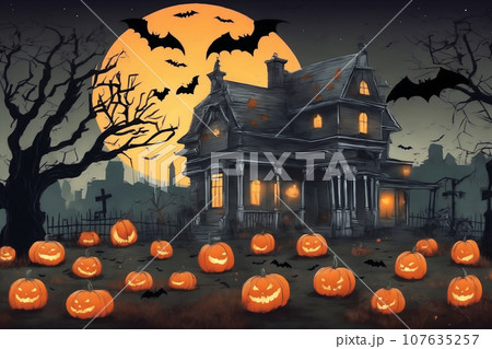 halloween night, old house in mystical forest, around pumpkins and flying bats, big full moon in dark sky, scary and fabulous, dark magic halloween night, old house in mystical forest, around pumpkins and flying bats, big full moon in dark sky, scary and fabulous, dark magic 107635257