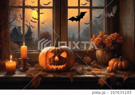 halloween holiday decorations, jack-o-lantern pumpkins and candles on a windowsill, flying bats outside the window, moonlit night, dark, scary halloween holiday decorations, jack-o-lantern pumpkins and candles on a windowsill, flying bats outside the window, moonlit night, dark, scary 107635285