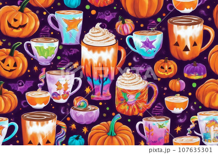 halloween holiday pattern for background, simple illustration of latte cups, pumpkins and leaves halloween holiday pattern for background, simple illustration of latte cups, pumpkins and leaves 107635301