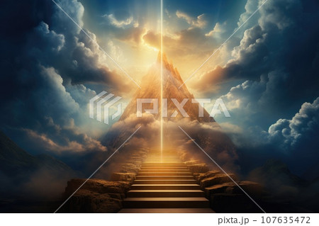 Stairs leading to the sky with cloud and heaven city. Generative AI 107635472