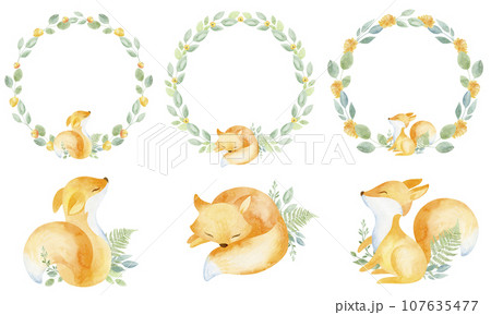 Children's round frame. Wreath of green leaves, fox, yellow flowers on a white background. Watercolor illustration 107635477