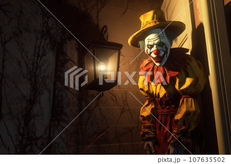Creepy clown standing in the town with lamp. Halloween festival. Generative AI 107635502