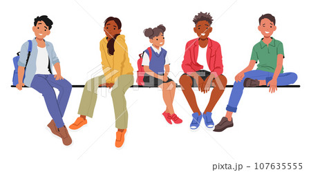Joyful Diverse Children Sitting Closely Together On A Parapet Or Bench, Sharing Laughter And Friendship, Vector Joyful Diverse Children Sitting Closely Together On A Parapet Or Bench, Sharing Laughter And Friendship, Vector 107635555