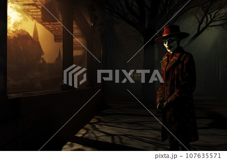 Creepy clown standing in the town with lamp. Halloween festival. Generative AI Creepy clown standing in the town with lamp. Halloween festival. Generative AI 107635571