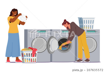 Female Characters In Self-service Public Launderette. Women Efficiently Wash And Dry Their Clothes, Sharing Smiles Female Characters In Self-service Public Launderette. Women Efficiently Wash And Dry Their Clothes, Sharing Smiles 107635572
