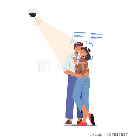 Couple Characters Embracing Monitored Under Surveillance Cameras Face Recognition System, Vector Illustration 107635637