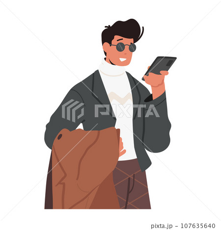 Man Speaks On A Mobile Phone, Male Character Communicates With Others Remotely, Making Calls, Sending Messages Man Speaks On A Mobile Phone, Male Character Communicates With Others Remotely, Making Calls, Sending Messages 107635640