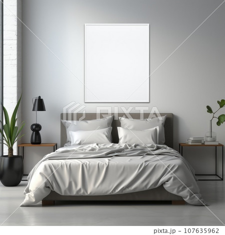 Blank picture frame mockup with luxury bed on bed room. Generative AI 107635962