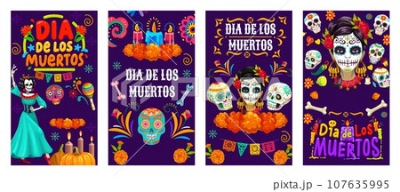 Mexican Day of the Dead Dia De Los Muertos holiday banners, Mexico Halloween calavera skulls vector characters. Cartoon sugar skulls, marigold flowers, altar candles and papel picado paper cut flags 107635995