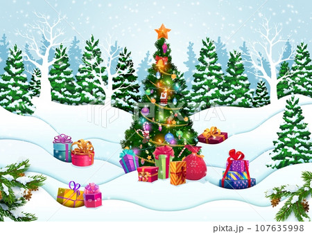 Christmas paper cut snow waves and decorated pine tree. Vector forest landscape with festive spruce and gifts at holiday eve under falling snowflakes. Xmas fir-tree with baubles, lights and presents 107635998