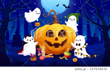 Halloween kawaii ghosts and big pumpkin in night holiday forest with bats and tombstones. Vector cute ghosts and spirits monsters cartoon characters, trick or treat pumpkin lantern, candies, witch hat Halloween kawaii ghosts and big pumpkin in night holiday forest with bats and tombstones. Vector cute ghosts and spirits monsters cartoon characters, trick or treat pumpkin lantern, candies, witch hat 107636030