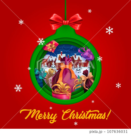 Christmas paper cut greeting card with holiday bauble, gifts and winter town. Vector double exposition xmas tree 3d toy ball with snowy city, Santa gifts bag, present boxes, festive street and houses Christmas paper cut greeting card with holiday bauble, gifts and winter town. Vector double exposition xmas tree 3d toy ball with snowy city, Santa gifts bag, present boxes, festive street and houses 107636031