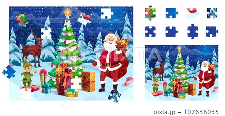 Christmas jigsaw puzzle game pieces. Santa and deer near Christmas pine tree. Correct puzzle piece find or search quiz vector worksheet with cartoon Santa, elf and reindeer winter holiday characters 107636035