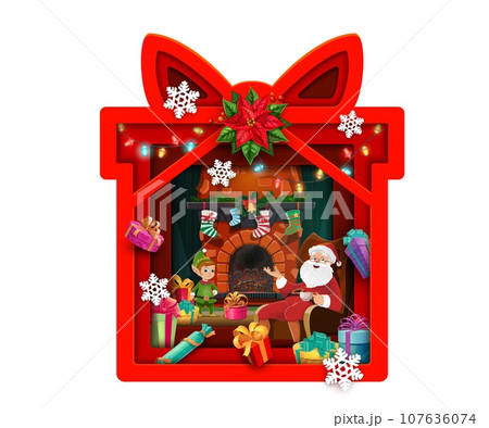 Christmas paper cut present box and Santa in chair, double exposition. Vector 3d layered frame in shape of gift with bow and funny Father Noel drinking tea near fireplace at holiday eve night Christmas paper cut present box and Santa in chair, double exposition. Vector 3d layered frame in shape of gift with bow and funny Father Noel drinking tea near fireplace at holiday eve night 107636074