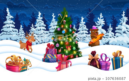 Christmas paper cut snowy forest landscape with reindeer, bear and presents on snow. Xmas festive paper cut vector backdrop with animal cartoon characters, Christmas tree, holiday gifts on forest snow 107636087