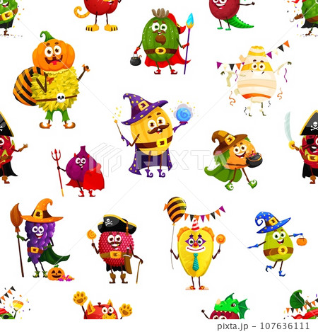 Seamless pattern of cartoon funny Halloween fruit characters in holiday costumes. Vector background of trick or treat jackfruit pumpkin, mango mummy, witch grapes, orange and melon witches personages Seamless pattern of cartoon funny Halloween fruit characters in holiday costumes. Vector background of trick or treat jackfruit pumpkin, mango mummy, witch grapes, orange and melon witches personages 107636111