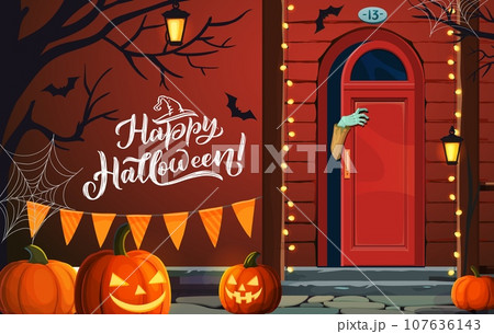 Halloween porch and door with zombie hand. Vector cottage front yard with festive decorations. Jack lantern pumpkins, spooky bats, and garlands on terrace with creepy arm emerge from the doorway frame 107636143