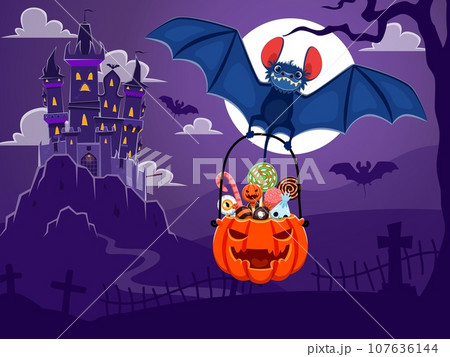 Halloween nigh landscape with dark castle and flying bat with holiday sweets bucket. Vector holiday scene with cute cartoon character hurry for trick or treat party to creepy haunted house on rock 107636144