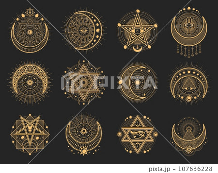 Crescent and moon esoteric occult symbols, tarot magic icons. Star of David, ankh and Eye of Horus occult emblems. Religion ancient signs, providence eye, magic tattoo or witchcraft sacred symbols Crescent and moon esoteric occult symbols, tarot magic icons. Star of David, ankh and Eye of Horus occult emblems. Religion ancient signs, providence eye, magic tattoo or witchcraft sacred symbols 107636228