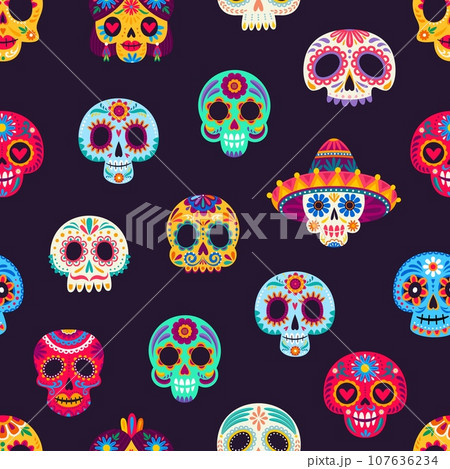 Calavera sugar mexican skulls seamless pattern. Mexico Day of the Dead Dia De Los Muertos or Halloween holiday vector background of Catrina skeleton skulls with sombrero hat and floral ornaments 107636234
