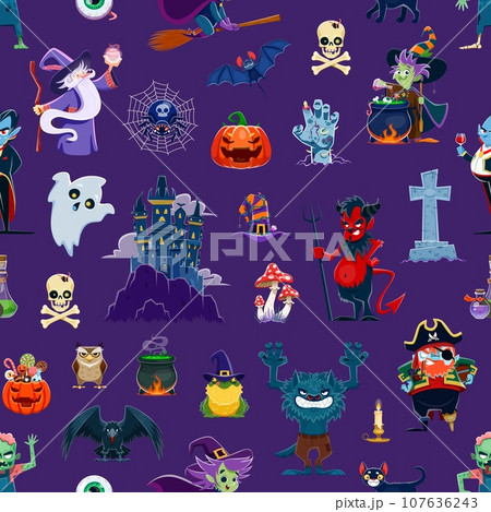 Halloween characters seamless pattern. Vector background of trick or treat holiday scary ghost, witch, zombie and pumpkin, vampire, pirate, werewolf and wizard personages. Halloween holiday backdrop Halloween characters seamless pattern. Vector background of trick or treat holiday scary ghost, witch, zombie and pumpkin, vampire, pirate, werewolf and wizard personages. Halloween holiday backdrop 107636243