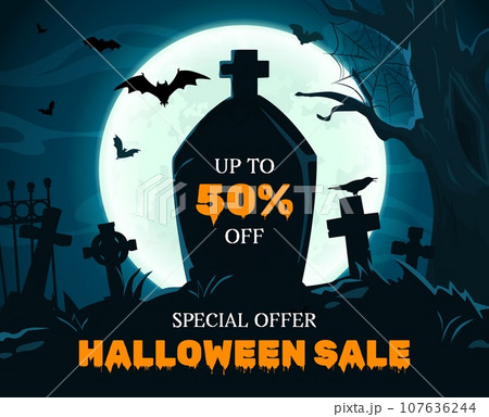 Halloween sale banner with cemetery gravestone and crosses landscape vector background. Halloween trick or treat holiday special offer flyer with cartoon flying bats, creepy trees, cobweb and moon 107636244