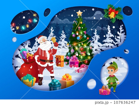 Christmas paper cut landscape with presents on snow, Santa with bell and elf. Vector Noel and gnome near decorated holiday pine tree in night wood. 3d layered effect card with funny Xmas personages 107636247