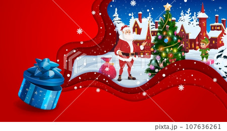 Christmas paper cut greeting card. Gift box, winter snowy town and Santa with elf. Vector xmas 3d papercut art with cheerful father noel at countryside landscape with pine holiday tree and snowfall Christmas paper cut greeting card. Gift box, winter snowy town and Santa with elf. Vector xmas 3d papercut art with cheerful father noel at countryside landscape with pine holiday tree and snowfall 107636261