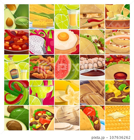 Mexican cuisine food collage of Tex Mex fast food and dishes, vector background. Mexico cooking, meal and drinks collage of burrito, taco and quesadilla with tequila, avocado guacamole and jalapeno Mexican cuisine food collage of Tex Mex fast food and dishes, vector background. Mexico cooking, meal and drinks collage of burrito, taco and quesadilla with tequila, avocado guacamole and jalapeno 107636262