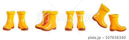 Rain rubber boots 3d render illustration set - cartoon pair of yellow gumboot for rainy weather or farm and garden works. Protective waterproof wellies or galosh for autumn design. 107636380