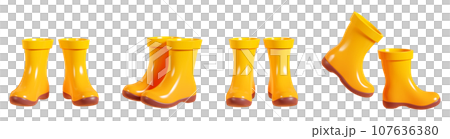Rain rubber boots 3d render illustration set - cartoon pair of yellow gumboot for rainy weather or farm and garden works. Protective waterproof wellies or galosh for autumn design. 107636380