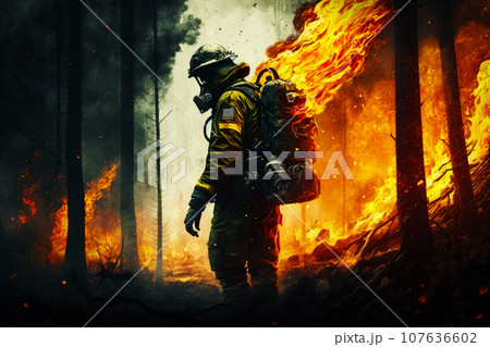 Brave firefighter stands in front of a huge forest fire Brave firefighter stands in front of a huge forest fire 107636602