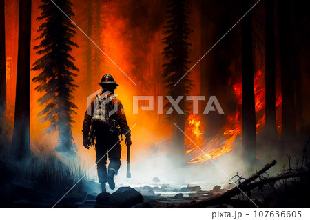 Brave firefighter stands in front of a huge forest fire 107636605