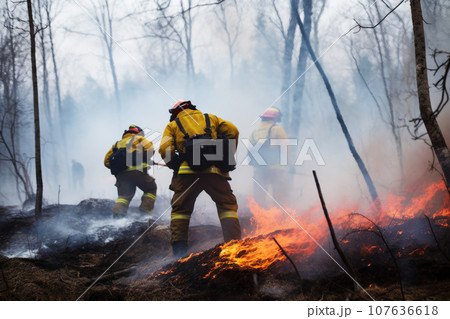 Professional firefighters team fights a wildfire Professional firefighters team fights a wildfire 107636618