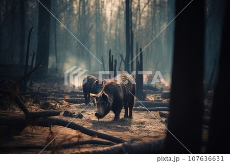 Wild boars against the backdrop of a burning forest Wild boars against the backdrop of a burning forest 107636631
